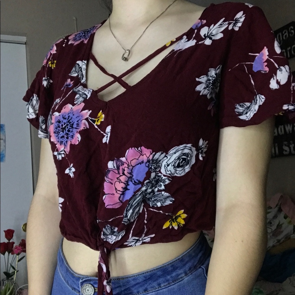 Maroon Floral Cropped Shirt